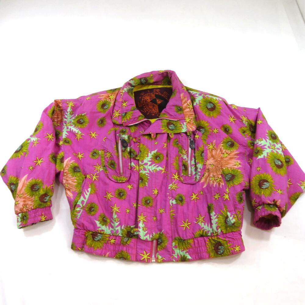 Fire and Ice Jacket Bomber Pink Sunflower Floral Zip Up Womens Sz L 1980s